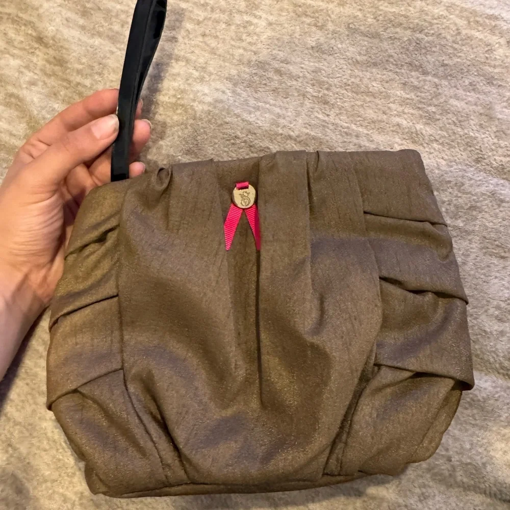 Y2KVictoria's Secret Bronze Ruched Satin Wristlet Clutch with Pink Ribbon Detail